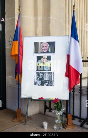 Tribute board with picture of French singer Charles Aznavour in front of an Armenian Orthodox Church in Paris. Charles Aznavour died on Oct. 1, 2019 at 94 in Paris, France on october 04, 2018. Photo by Nasser Berzane/ABACAPRESS.COM. Stock Photo