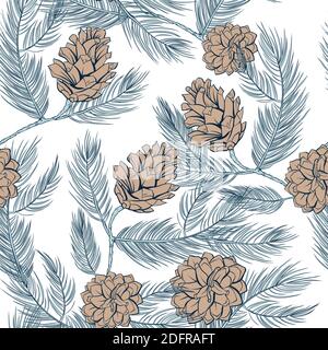 Cones pattern of fir or pine branches, seamless background, vector green tree branch spruces decoration. Pine cones pattern in pastel color, wallpaper and textile seamless print vintage. White background Stock Vector