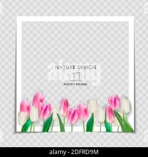 Natural Background Photo Frame Template with spring Tulips Flowers for post in Social Network. Vector Illustration Stock Vector
