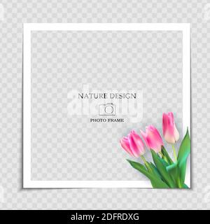 Natural Background Photo Frame Template with spring Tulips Flowers for post in Social Network. Vector Illustration Stock Vector