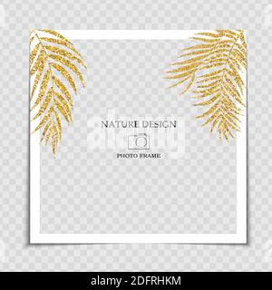 Natural Background Photo Frame Template with Golden Glossy Palm leaves for post in Social Network. Vector Illustration Stock Vector