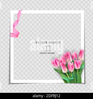 Natural Background Photo Frame Template with spring Tulips Flowers for post in Social Network. Vector Illustration Stock Vector