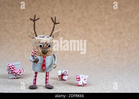 Christmas setup made of champagne cork in front of corkwood background Stock Photo