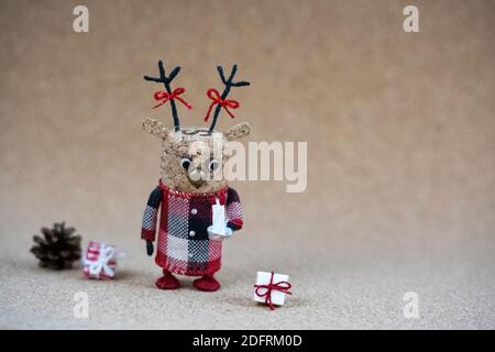 Christmas home deco creative cork decoration cork reindeer copy space Stock Photo