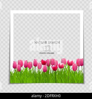 Natural Background Photo Frame Template with spring Tulips Flowers for post in Social Network. Vector Illustration Stock Vector