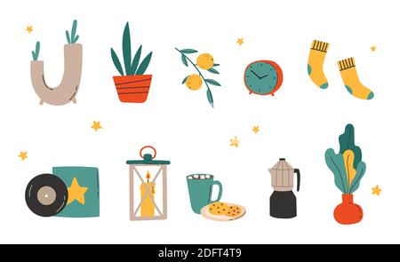 Hygge decor things. Winter holiday decor set. Stock Vector