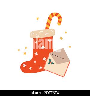 Christmas sock with sweets and a holiday envelope. Stock Vector