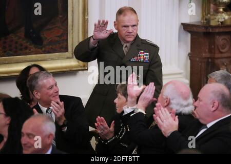 WASHINGTON, DC - OCTOBER 25: (AFP OUT) Commandant of the Marine Corps Gen. Robert Neller is recognized during an event commemorating the 35th anniversary of attack on the Beirut Barracks in the East Room of the White House October 25, 2018 in Washington, DC. On October 23, 1983 two truck bombs struck the buildings housing Multinational Force in Lebanon (MNF) peacekeepers, killing 241 U.S. and 58 French peacekeepers and 6 civilians. Photo by Chip Somodevilla/ABACAPRESS.COM Stock Photo