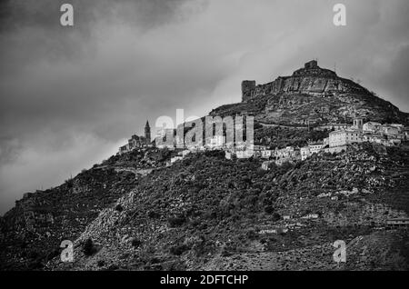 landscape in Black And White of peak mountain Teja (castle Agira town) in a travel in Sicily between culture and nature Stock Photo