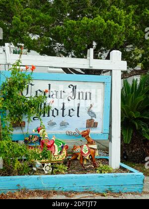 Cedar Inn Motel sign with Santa Christmas decoration, Cedar Key, Florida, USA. Stock Photo