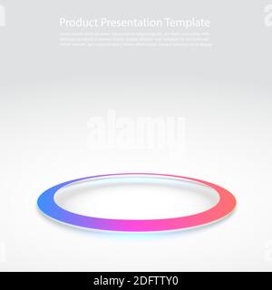 Round pedestal podium on white background. Futuristic product stand template. Glowing ring on floor. Abstract hi-tech background for display product Stock Vector