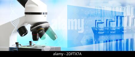 Double exposure of microscope and test tubes in laboratory Stock Photo