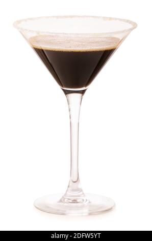 Glass of tasty espresso martini cocktail on white background Stock Photo