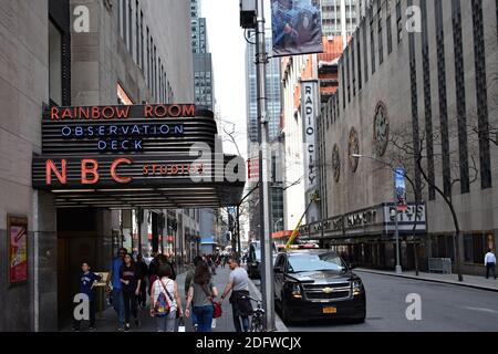 The entrance for NBC Studios, Observation Deck and the Rainbow Room at the Rockefeller Centre in NYC, USA. Radio City Music Hall is across the street. Stock Photo