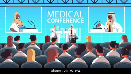 arabic doctors couple giving speech at tribune with microphone medical conference meeting medicine healthcare concept lecture hall interior horizontal vector illustration Stock Vector