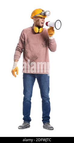 Protesting miner man with megaphone on white background Stock Photo