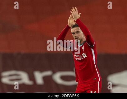 Liverpool. 7th Dec, 2020. Liverpool's Jordan Henderson applauds the supporters as he is substituted during the English Premier League match between Liverpool FC and Wolverhampton Wanderers FC in Liverpool, Britain, on Dec. 6, 2020. Credit: Xinhua/Alamy Live News Stock Photo