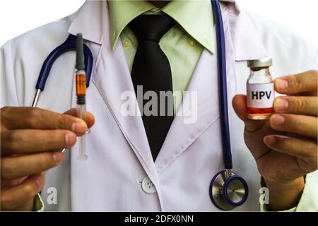 Male doctor show  HPV vaccine on hand,indicated prevention of cancer.On white background saved with clipping path,selective focus on doctor. Stock Photo