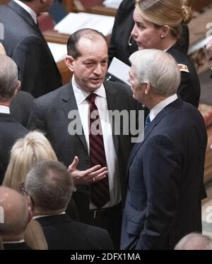 United States Secretary of Labor Alex Acosta, left, in conversation with US Senator Rob Portman (Republican of Ohio), right, prior to the start of the National funeral service in honor of the late former United States President George H.W. Bush at the Washington National Cathedral in Washington, DC on Wednesday, December 5, 2018.Photo by Ron Sachs / CNP/ABACAPRESS.COM Stock Photo