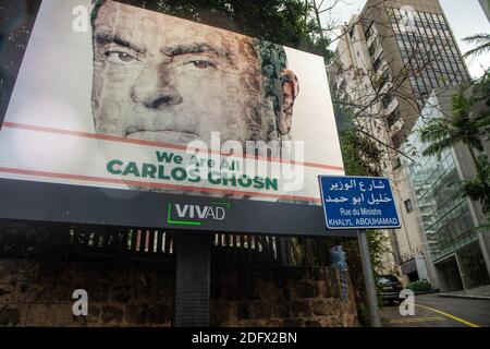 File - Billboards show solidarity with former Nissan chairman and actual Renault Former CEO Carlos Ghosn claiming 'We Are All Carlos Ghosn', seen in Beirut, Lebanon, on December 7, 2018. Photo by Ammar Abd Rabbo/ABACAPRESS.COM Stock Photo