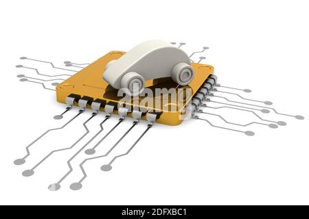 Computer chip and car model, 3d rendering Stock Photo