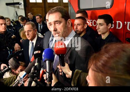 French Interior Minister Christophe Castaner, Paris' Police prefect Michel Delpuech and French Junior Minister attached to the Interior Ministry Laurent Nunez visit the Rousseau fire station in Paris on December 31, 2018, before New Year's Eve celebration. Photo by Patrice Pierrot/Avenir Pictures/ABACAPRESS.COM Stock Photo