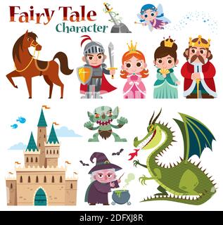 Vector illustration of Cartoon Set Fairy tales characters. Fantasy knight dragon and princess Stock Vector