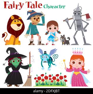 Vector illustration of Cartoon Set Fairy tales characters. red shoes girl, lion, straw man and robot Stock Vector
