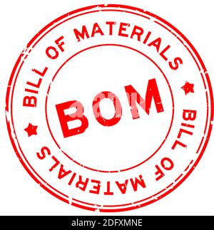 Grunge red BOM Bill of Materials word round rubber seal stamp on white background Stock Vector