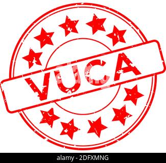 Grunge red vuca (abbreviation of Volatility, uncertainty, complexity and ambiguity) word with star icon round rubber seal stamp on white background Stock Vector