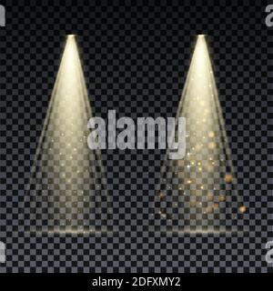 Gold spotlight. Bright lighting with spotlights of the stage on transparent background Stock Vector