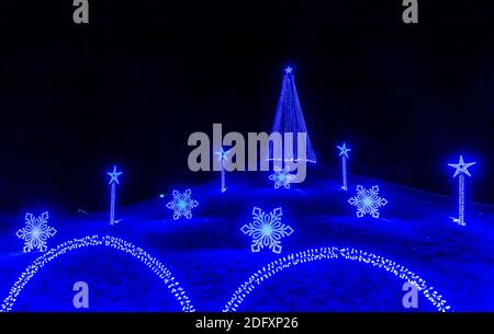 Holiday outdoor lighting decorations, blue lights on the black night background Stock Photo