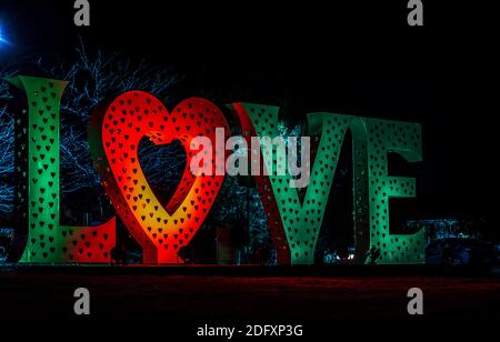 Love is for Loveland. Big Illuminated letters in Loveland, Colorado Stock Photo