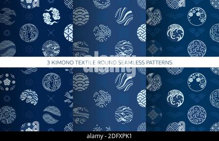 Set of Japanese seamless pattern and wallpaper vector. Water wave,wind,cloud,porcelain,textiles,sakura,geometric vintage style. Stock Vector