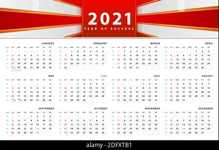 Calendar 2021 template design. Header abstract red design and clean layout for business, corporate design planner template. Week Start on Sunday Stock Vector