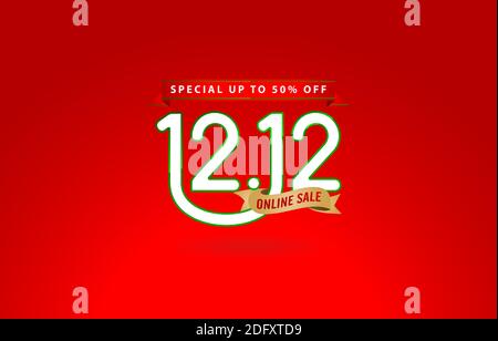 12.12 sale, 12.12 online sale, Shopping day festival, Number sign with golden ribbon with red backgrounds, online shop sign, for poster, flyer, Stock Vector