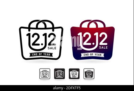 Shopping bag 12.12 sale, handbag 12.12 online sale, set of sale labels, icons shopping bag and handbag sale illustration monochrome design, tote bag Stock Vector