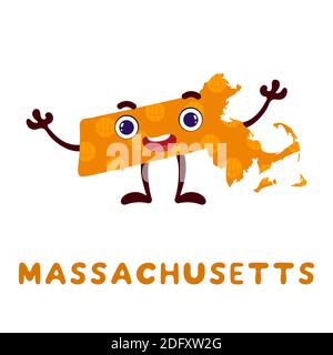 Cute cartoon Massachusetts state character clipart. Illustrated map of state of Massachusetts of USA with state name. Funny character design for kids Stock Vector