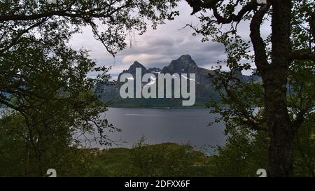 Beautiful view of Raftsundet fjord with majestic mountains of Austvågøya island above coast viewed through trees in forest near Digermulen, Norway. Stock Photo