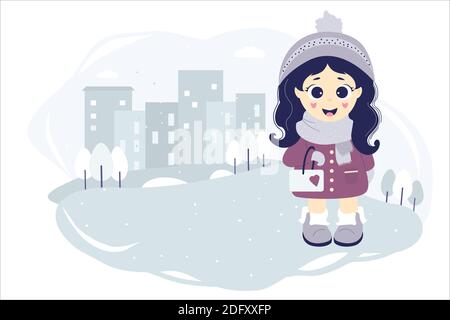 kids winter. A cute girl on a winter walk stands on a blue background with a cityscape, houses, trees and snow. Vector illustration. Collection for de Stock Vector