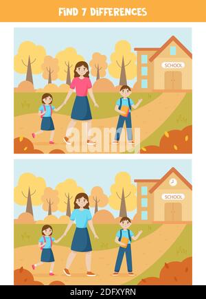 Find seven differences between two pictures. Mother and children go to school. Stock Vector