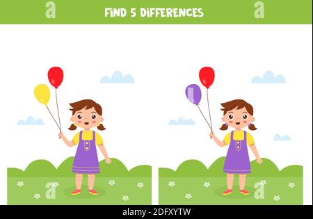 Find five differences between two pictures. Cute girl holding balloons. Stock Vector