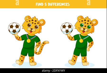 Find five differences between two pictures. Cute leopard with soccer ball. Stock Vector