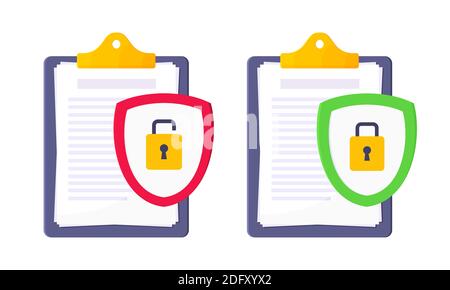 Shield with padlock on it security protection symbol in the magnifier circle glass set. Safety lock, privacy policy and data protection metaphor. Stock Vector
