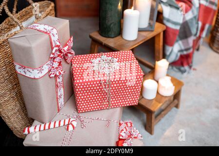 Beautifully wrapped gifts during the New Year holidays at home Stock Photo