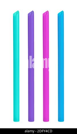 Colorful plastic straws, isolated on white background. Wide straws for bubble tea cocktail. Stock Photo