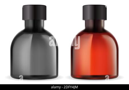 Brown glass essential oil bottle vector mockup with black lid. Small pharmacy medicine bottles blank, black and amber. Apotthecary blank design templa Stock Vector
