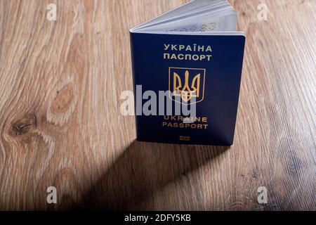 Ukrainian passport for traveling to other countries. Biometric passport of a citizen of Ukraine. Stock Photo