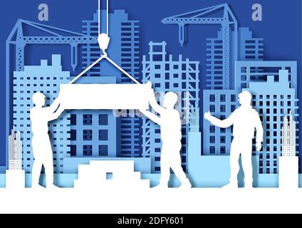 Paper cut craft style construction site with tower cranes, builder workers silhouettes, vector illustration. Stock Vector