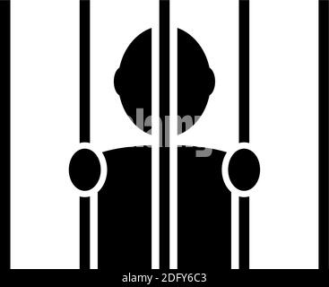 Prisoner Man Hold Bars, Imprisonment. Flat Vector Icon illustration. Simple black symbol on white background. Prisoner Holding Hands Behind Bars sign Stock Vector